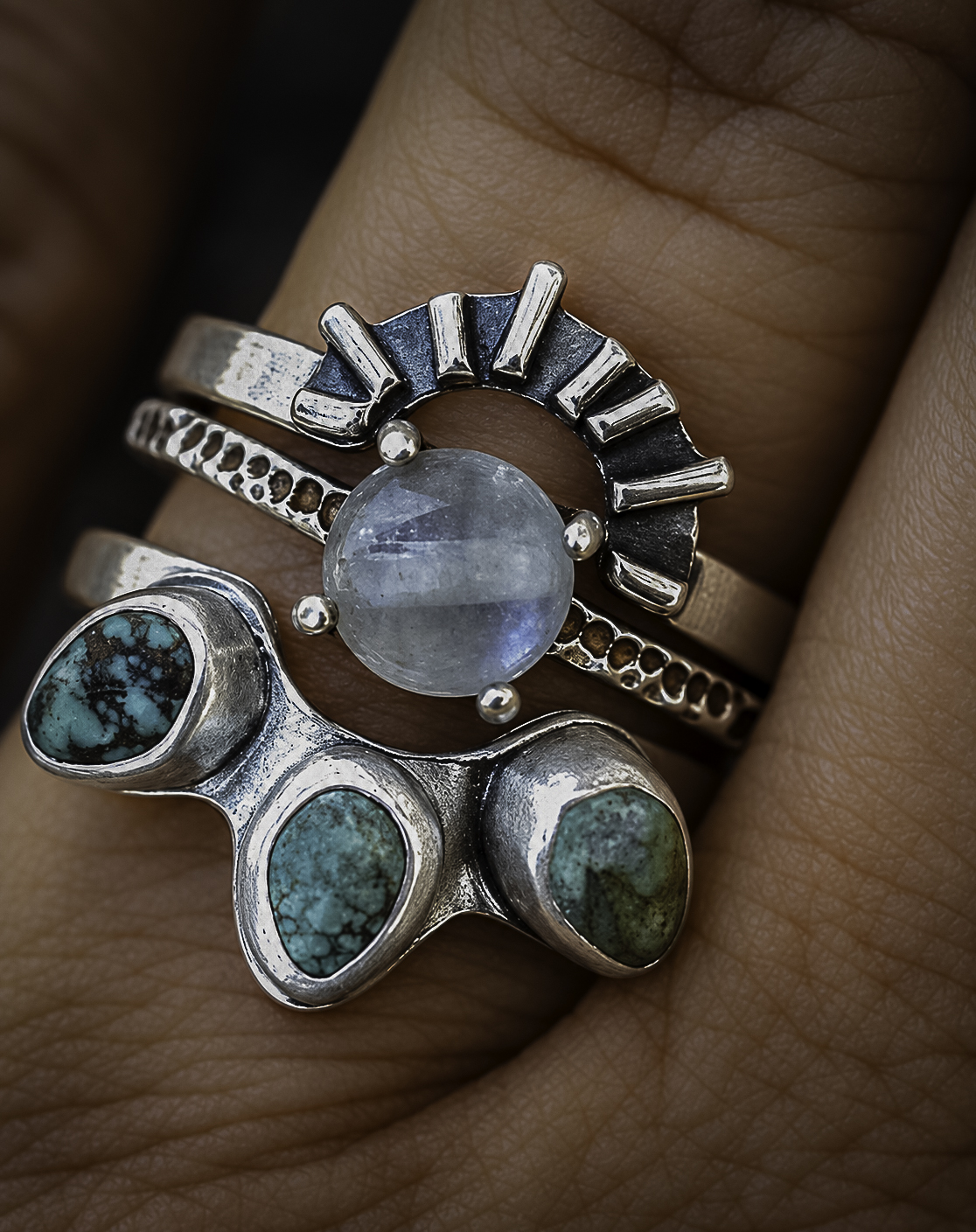 Handmade silver ring stack with moonstone and turquoise